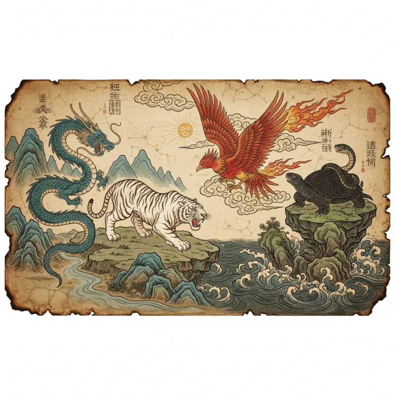 The Four Symbols: Azure Dragon, White Tiger, Vermillion Bird & Black Tortoise
