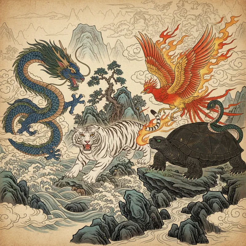 The Four Guardian Beasts: Azure Dragon, White Tiger, Vermilion Bird, Black Tortoise